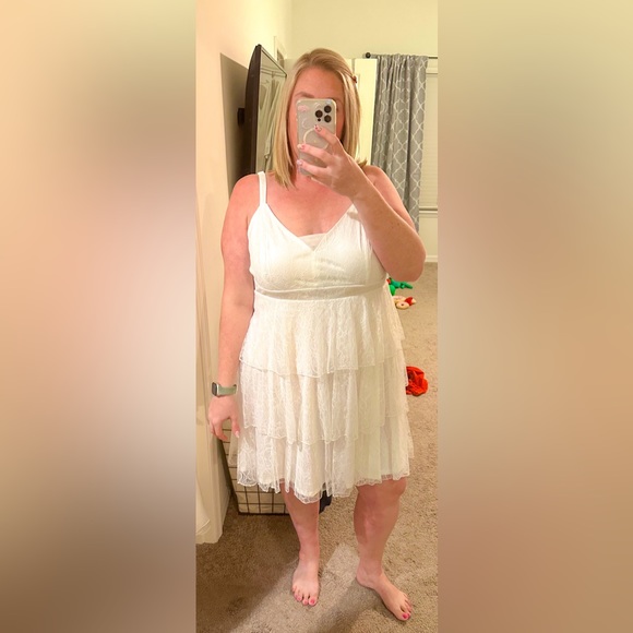 Torrid Mini Stretch Lace V Neck Tiered Flare Dress - Picture 4 of 5